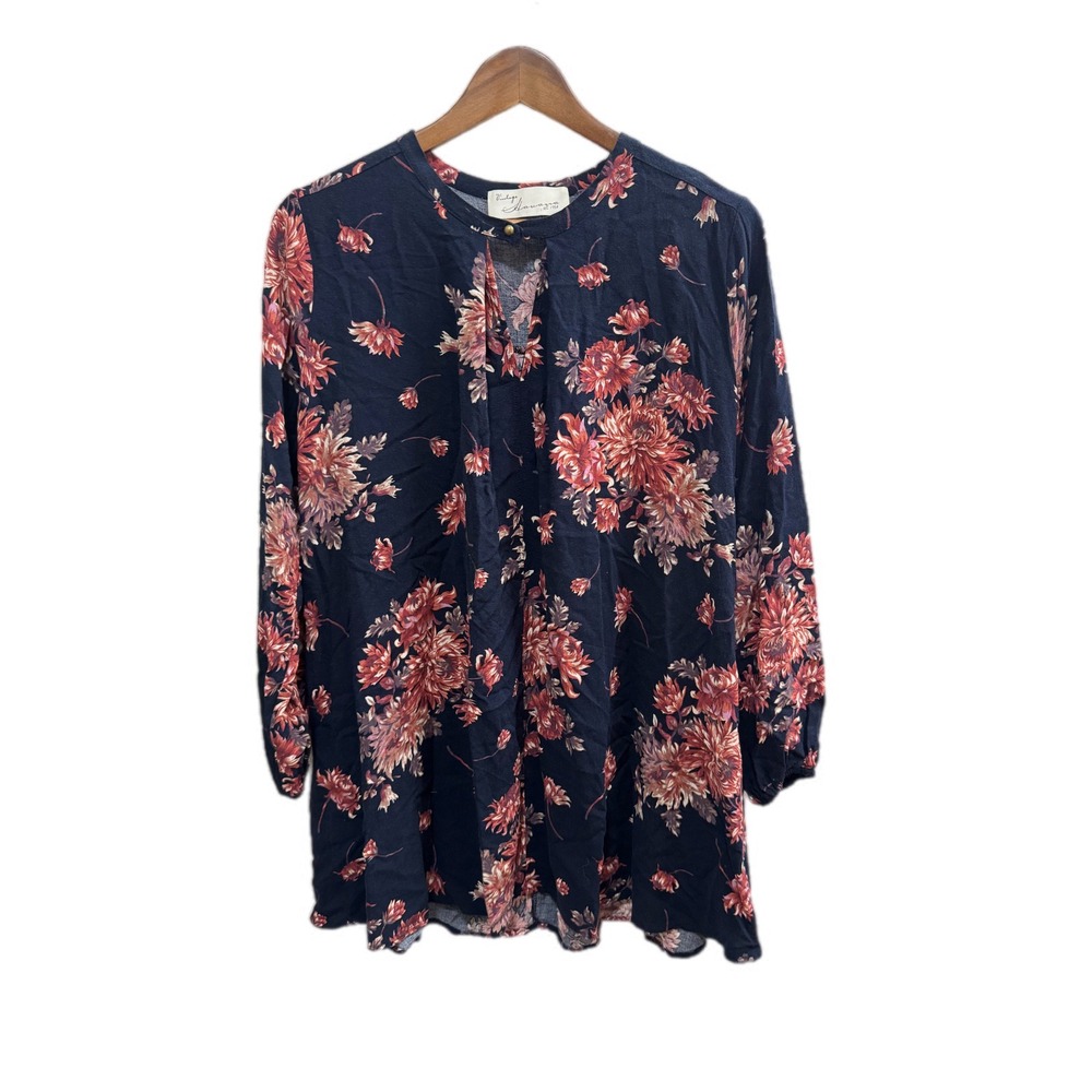 Vintage Havana Floral Tunic Women Small Navy Blue Excellent Boho Keyhole Top